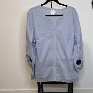 Liz Claiborne Blue Striped Blouse with Floral Embroidery